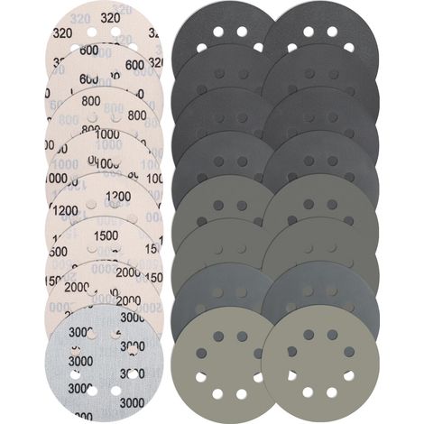 Lot de 24 disques abrasifs 125 mm- 8 trous - Grain 320/600/800/1000/1200/1500/2000/3000 - Pour voiture, métal, bois (1/5)
