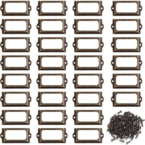 Porte-étiquettes en Métal, 30 Pièces Cadre Étiquette avec Vis, Bronze Rétro Porte Poignée Cadre pour Meubles, Tiroirs, Armoires, Bibliothèque (70 x 33 mm)-Chrom (1/5)
