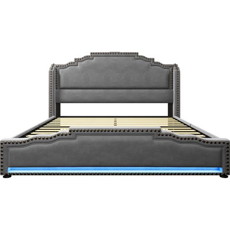 Cama canapé 140x200 gris de terciopelo con 4 cajones, LED, USB-C y somier HOMVRA (1/5)