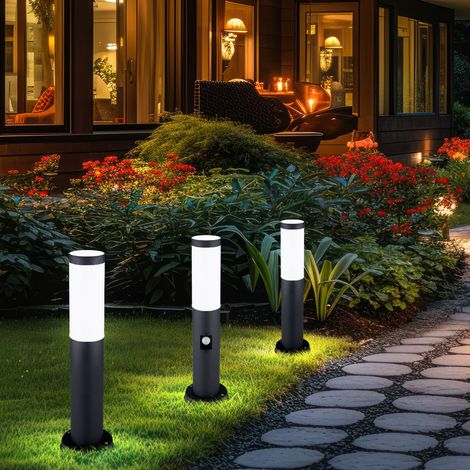 Wegeleuchte Außenstehlampe anthrazit Stehleuchte mit Bewegungsmelder Gartenlampe Edelstahl, E27, DxH 12,7x45 cm, 3er Set