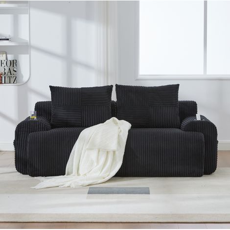 Canapé 2 places 200/99/80 cm noir en velours côtelé avec porte-gobelet et poche latérale (1/5)