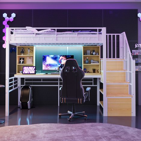 Lit Mezzanine 90x200cm - Structure Métal - Bureau Intégré - Escalier avec Rangements (Montage G/D) - LED et Prise EU - Capacité 120kg - Blanc
