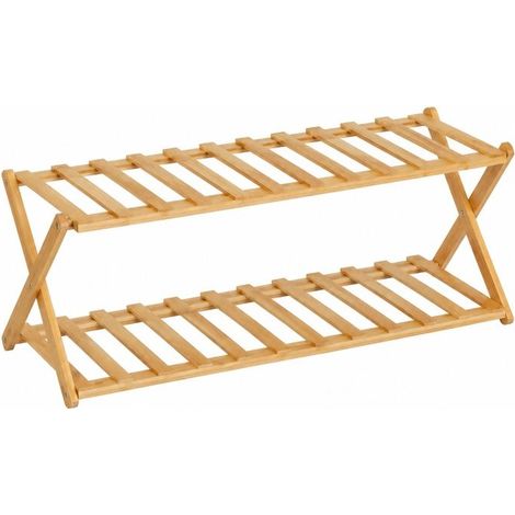 Étagère à Chaussures Pliable 2 Niveaux en Bambou Naturel, Capacité 6 Paires - Longueur 68 x Profondeur 25 x Hauteur 24 cm (1/5)