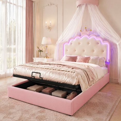 Polsterbett PU Rosa 140x200 cm mit Lattenrost, LED-Ambientelicht und hydraulischem Stauraum (1/5)