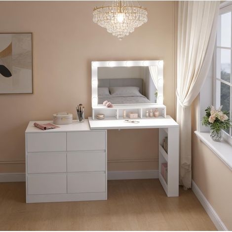 Coiffeuse 160 x 40 x 134,5 cm blanche – LED réglable et 6 tiroirs (1/5)