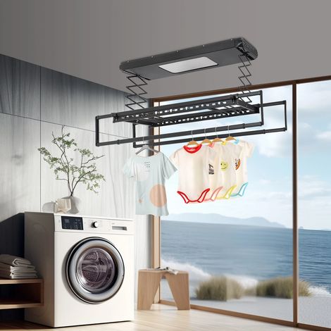 Séchoir à linge de plafond, Étendoir à linge électrique extensible, avec télécommande, Jusqu'à 35 kg, Séchoir mural extensible, Noir