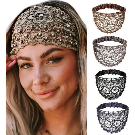 Lot de 4 bandeaux élastiques à imprimé floral – Bleu, noir, gris, kaki – Réglables – Style bohème – Accessoire femme (1/5)