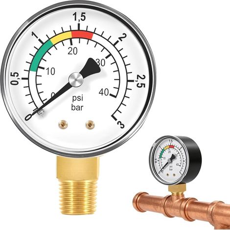 Präzisionsmanometer 0–3 bar/psi, 1/4-Zoll-BSPT-Anschluss, Hochpräzises Pool-Manometer, Manometer für Pool-Sandfilter mit dualer PSI/Bar-Skala für Pumpen- und Filtersysteme (1/5)