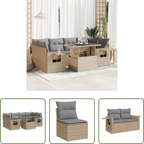 vidaXL Freisitzmöbel - 7-tlg. Garten-Sofagarnitur mit Kissen Beige Poly Rattan (1/5)
