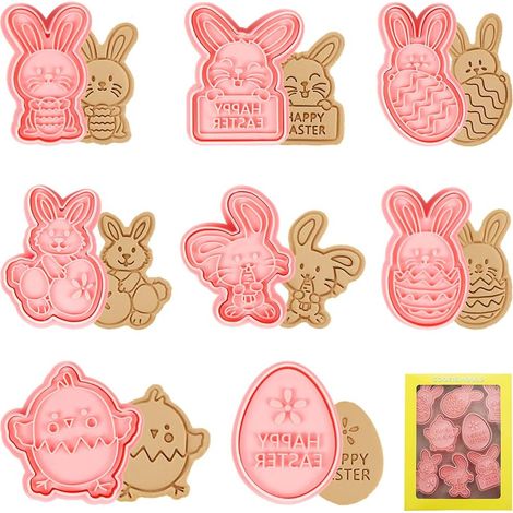 Set 8 Emporte-Pièces Pâques 3D, lapins/œufs/poussins moules biscuits enfants plastique (1/5)