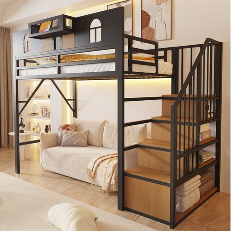 Metall-Hochbett 90 x 200 cm Schwarz mit Stauraumtreppe, Ablage und Fensterrahmen (1/5)