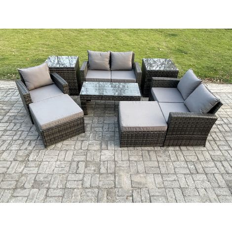 Fimous 7 Seater Outdoor Rattan Patio Furniture Set Garden Lounge Sofa Set with 2 Side Tables 2 Big Footstool Coffee Table Dark Grey Mixed (1/5)
