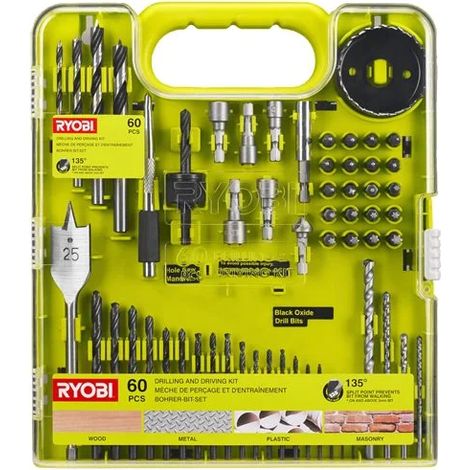 Ryobi RAKDD60 Set mit 60 Bits, 1/4 Zoll Sechskant-Bits, Fräser, Bohrschrauber