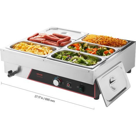 VEVOR Calentador de Alimento, con 6 Recipientes de 1/3 de Tamaño y Cable de Alimentación, de Acero Inoxidable, 1500 W, por Baño María, para Restaurantes, Fiestas y Buffets, 690 x 570 x 220 mm