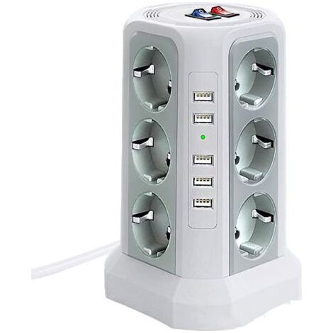 Surge-protected power strip tower, electrical power strip with 5 USB ports and 12 sockets, power strip with 3 switches, white (1/4)