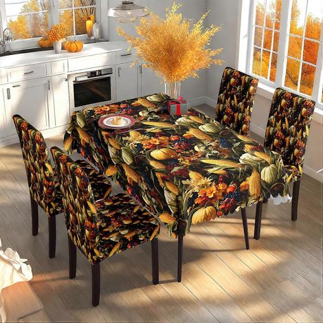 Nappe de Thanksgiving, décoration automnale, imprimé récolte d'automne, housse de chaise festive, ensemble nappe et housse de chaise style nouveau TC-325 (140 x 210 cm) (1/4)