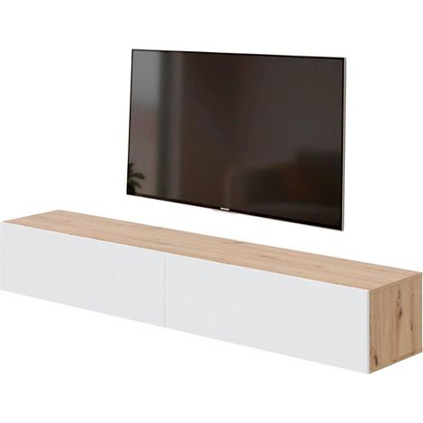 Mobile Porta Televisore Sospeso Con 2 Ante Push Design Moderno Minimal Parete Attrezzata In Pannelli Melaminici E1 Per Soggiorno Salotto 180 X 34.5 X 28 Cm Rovere E Bianco Opaco (1/5)