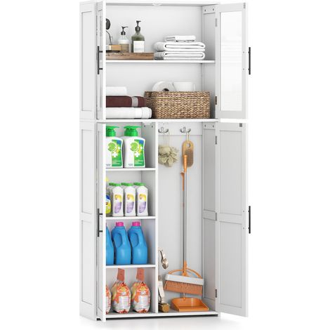 COSTWAY Broom Closet Storage Cabinet Wooden Utility Organizer w/Doors-White