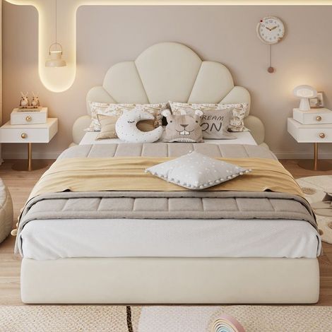Lit rembourré - Pétales courbés - 140 x 200 cm - Velours beige - Sommier inclus (1/5)
