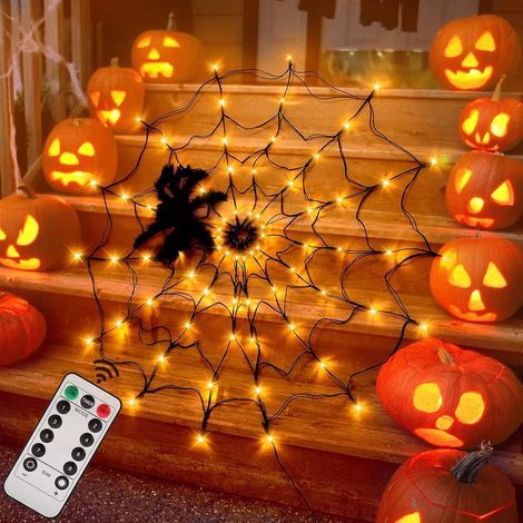 Décorations d'Halloween en toile d'araignée - 1,2 m de diamètre, 70 LED avec araignée noire, filet lumineux étanche, orange (1/5)