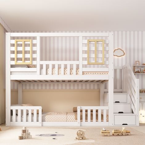 Lit superposé enfant 90x200 avec escalier rangement et fenêtres, lit cabane blanc