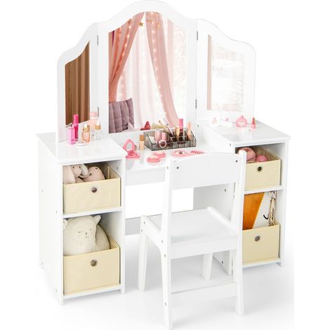 Kids Vanity Table & Chair Set 2-in-1 Princess Pretend Play Makeup Vanity (1/5)