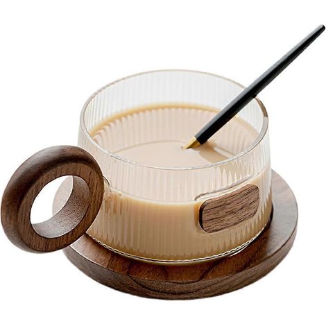 Tasse à café lot verre tasse à thé avec Spoon bois Coaster simple domestique Milk tasse à thé verre eau tasse (1/5)