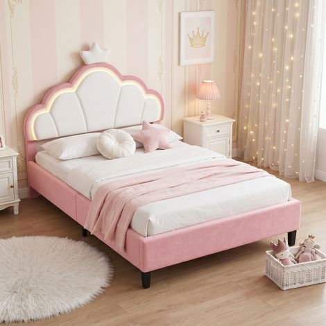 Superaly Lit Capitonnée 90x200 cm pour Enfant, Tête de Lit Rembourrée Réglable en Hauteur, Éclairage LED intégré, Style Scandinave, Lit Simple pour Fille, Sommier à Lattes, Velours, Rose et Blanc