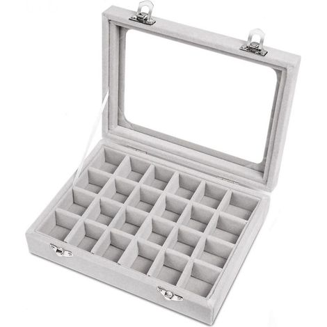 1 présentoir à bijoux, en verre et velours, 24 compartiments, rangement pour bagues et boucles d'oreilles, design compact (1/5)