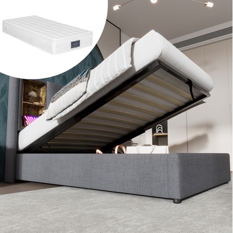 Cama individual 90x200 cm gris de algodón con almacenaje, carga inalámbrica USB-C y colchón (1/5)