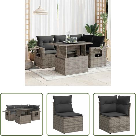 Terrassensofa - 5-tlg. Garten-Sofagarnitur mit Kissen Grau Poly Rattan (1/5)