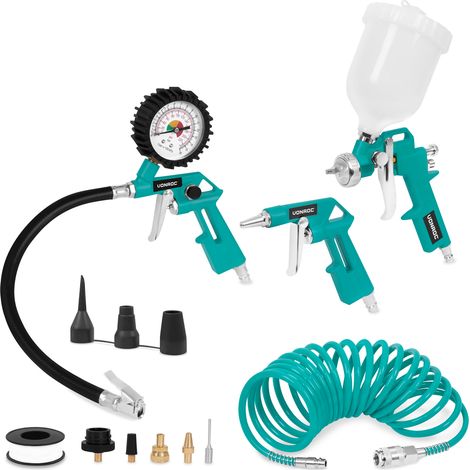 VONROC Ensemble d'outils pneumatiques - 4 pièces Gonfleur de pneus, pistolet à air, pistolet à peinture, tuyau à air en spirale (1/2)