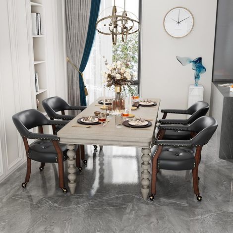 Padma House 4 er Set Große Esszimmerstühle mit Rollen und Arme, Rolling Dining Stühles mit Rädern, Akzent Spiel Stühle-Boss Caption's-Stühle, 66CM x 64CM x 66.5CM, Kirsche Beine & Schwarz SY-1533-BK