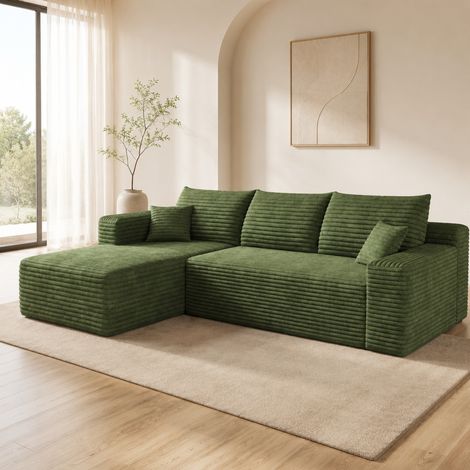 Canapé d’angle en tissu de pana verde 241 cm, asiento profundo, sin montaje