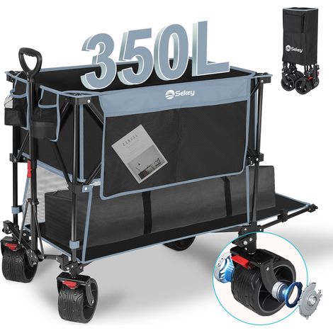 Sekey Bollerwagen Faltbar Strandwagen mit 350L Stauraum und extra breiten 17x10 cm Allgelände-Reifen, Blau und Schwarz