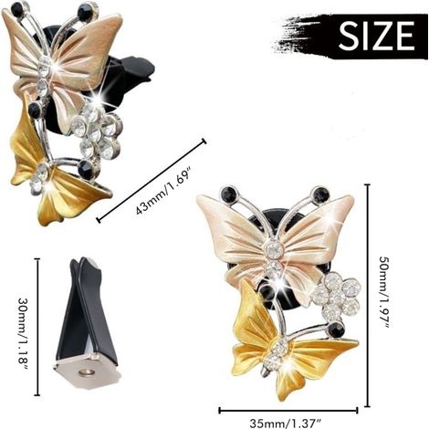 2 Clips Papillon Fixation Aération Voiture Diffuseur Parfum Auto Cristal Strass Accessoire Bling Intérieur Véhicule (1/5)