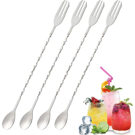Cuillère À Cocktail - Cuillère À Mélange Bar - Manche Long En Spirale - Fourchette À Fruits 3 Dents - Acier Inoxydable Alimentaire - 4 Pièces (1/5)