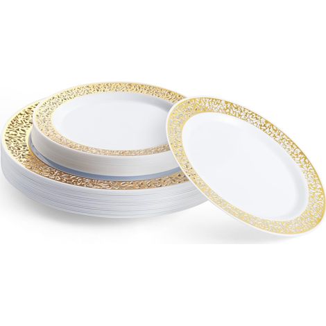40 platos de plástico reutilizables blancos premium con borde dorado (20 platos llanos, 20 platos de postre): resistentes y elegantes para bodas, cumpleaños y fiestas. (1/5)