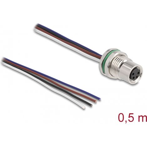 Delock M8 de 4 pines hembra para panel con extremos de cable abiertos con codificación A 0,5 m