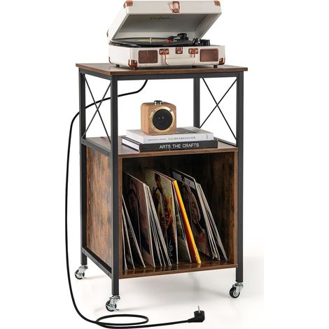 COSTWAY Mobile per Giradischi e Vinili, Supporto Giradischi con Ruote e Stazione di Ricarica, Tavolo Espositore in Legno per Dischi in Vinile Vintage, per Soggiorno e Camera da Letto, 50 x 45 x 82 cm