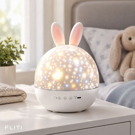 FLITI Veilleuse Projecteur Étoiles Rotatif avec Télécommande et 6 Disques, Lampe de Chevet Musique USB Rechargeable Blanc (1/5)