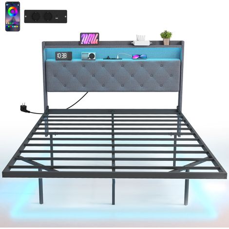 Bettgestell 140x190 cm mit integriertem Stahllattenrost, graues 2-Sitzer-Schwebebett mit RGB-LED-Beleuchtung und USB-Ladestation, modernes Design.