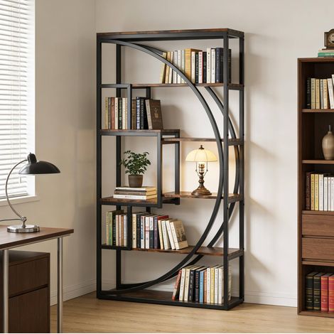 Bibliothèque en métal avec 6 niveaux et 8 compartiments ouverts, noir et marron rustique, 80x30x179 cm (1/5)