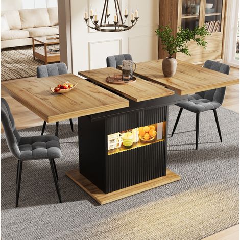 Mesa de comedor extensible con almacenamiento e iluminación LED 110-140x80x76 cm MDF metal negro (1/5)