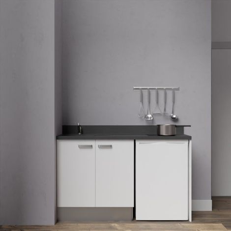 Kitchenette K17L - 140 cm avec plan monobloc et emplacement frigo top-Blanc-Nero-évier à gauche