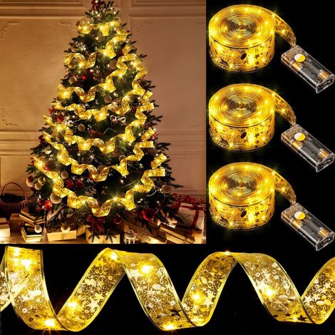 3PCS Ruban de Noël LED Guirlande Lumineuse Décorations de Noël, 32ft/10M 100 LED Lumières Alimenté par Batterie Double Couche de Fil de Cuivre (1/5)