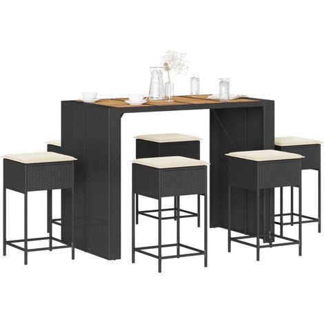7-tlg. Gartenbar-Set mit Kissen Schwarz Poly Rattan