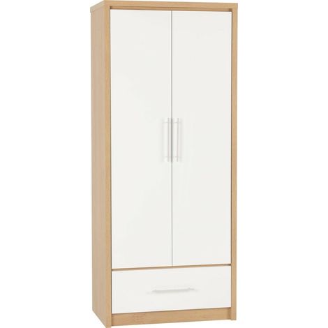Seville 2 Door 1 Drawer Wardrobe - L47 x W76 x H180 cm - White High Gloss/Light Oak Effect Veneer (1/4)