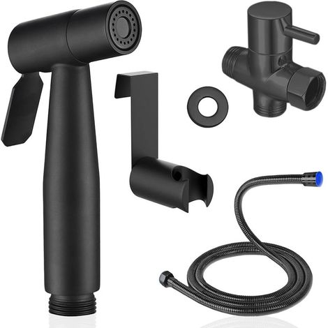 Douchette wc noir acier inox kit complet avec 1.2 metres de tuyau flexible extra long support et vanne de derivation (1/5)