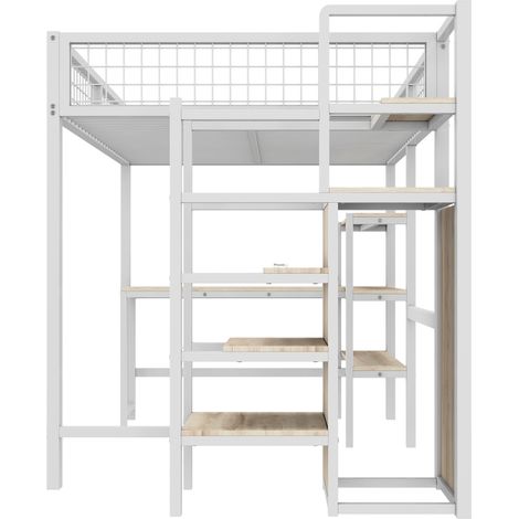 Lit mezzanine 140 x 200 cm en métal et MDF con escritorio, estantes y armario, blanco (1/5)